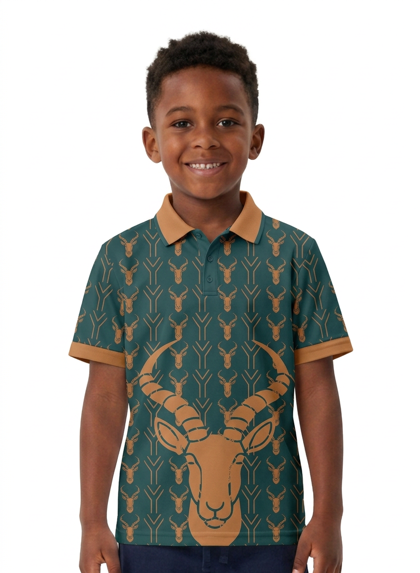 Young South African supporter wearing a green and gold golf shirt